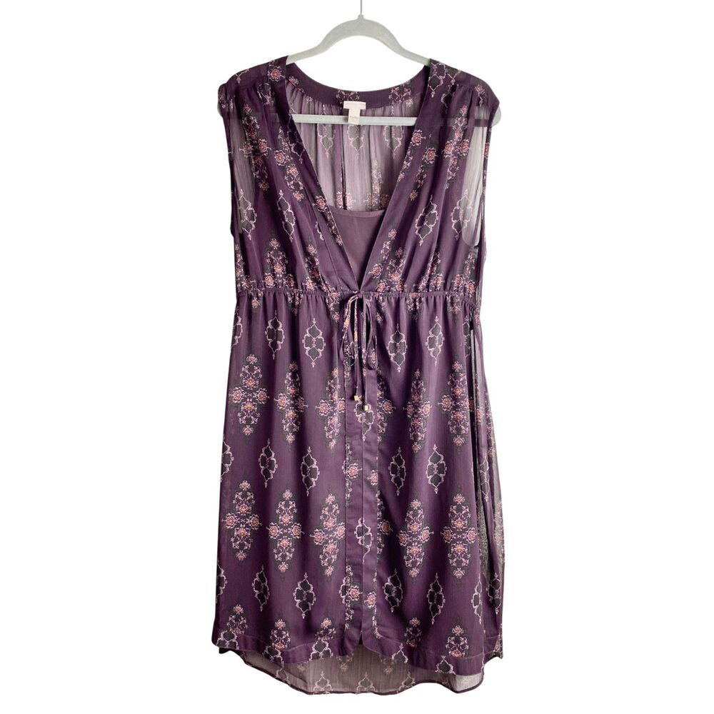 Merona XL Sheer Shift Dress Lined Purple Medallion High Low Boho Whimsigoth